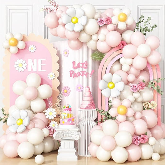 Daisy Balloon Garland Arch Kit,Macaron Pastel Pink Sand White Boho Groovy Party for Baby Shower Floral Theme Birthday Wedding Two Groovy Party Decorations