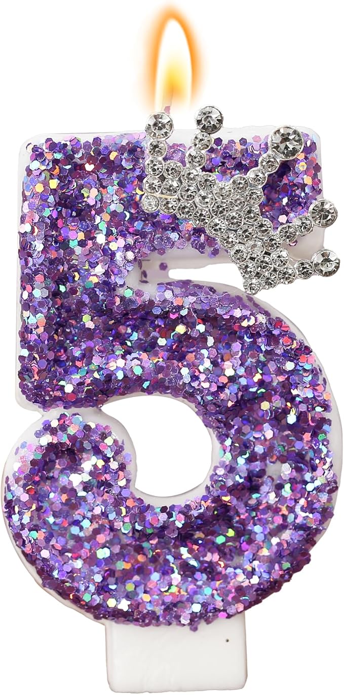 Birthday Number Candles,Purple Crown Birthday Candles for Cake,Glitter Number 5 Candle Cake Topper with Sequins for Anniversary Celebrations Supplies (Number 5)