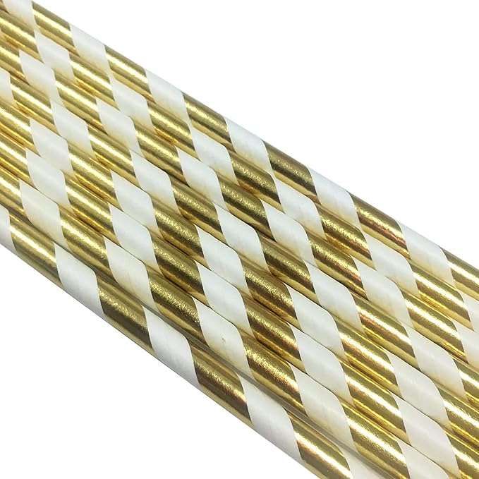 Shining Gold Striped Paper Straws, 100% Biodegradable Decorate Straws, Premium Cocktails Straws for Drinking, Juice, Smoothie Packed 100