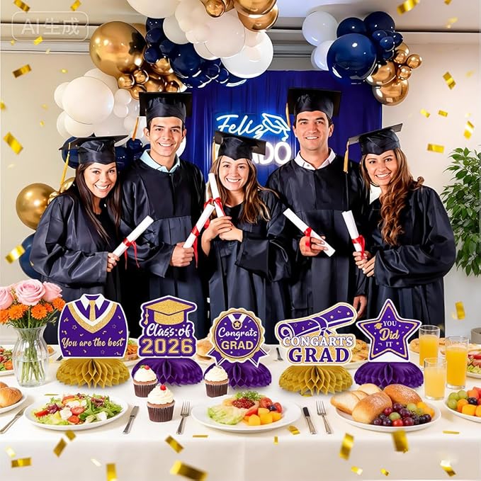 Graduation Decorations Class of 2026 Honeycomb Centerpieces, 9PCS Graduation Centerpieces for Tables, Congrats Grad Table Toppers for Middle High School College Graduation Decorations (Purple Gold)