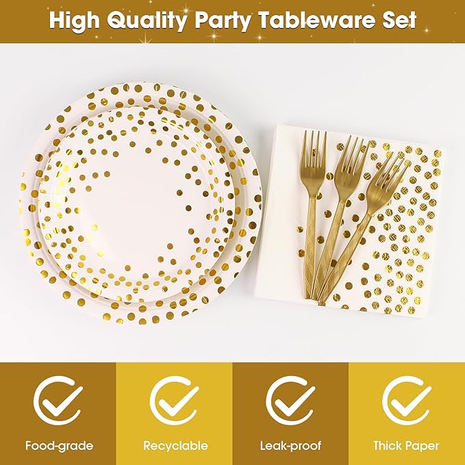 96PCS White and Gold Plates and Napkins Party Supplies, Gold Dot Disposable Party Paper Plates and Napkins with Forks Tableware Set for Wedding Baby Shower Birthday Party Decorations 24 Guests