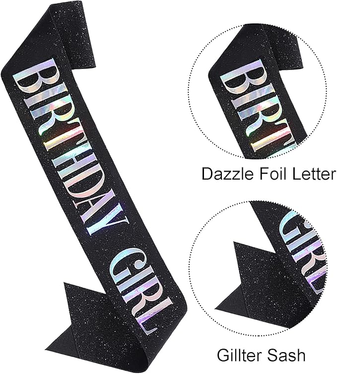 Birthday Sash for Girl, Dazzle Foil Letter Glitter Black Birthday Sash for Women Girl Kids Teenager Bday Gifts Party Favors Photo Prop