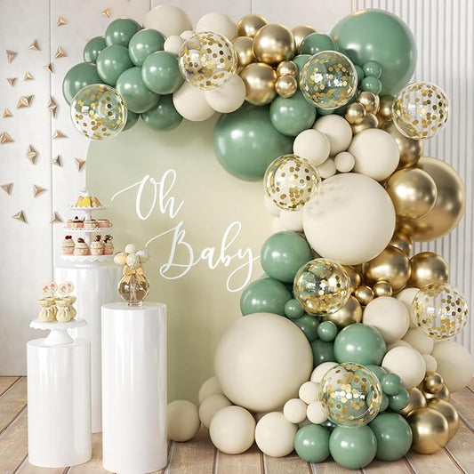 MEBAY Sage Green Balloon Arch Kit, 155Pcs Sage Green White Sand Metallic Gold Garland with Gold Confetti Balloons for Graduation Baby Shower Wedding Jungle Birthday Party Decorations