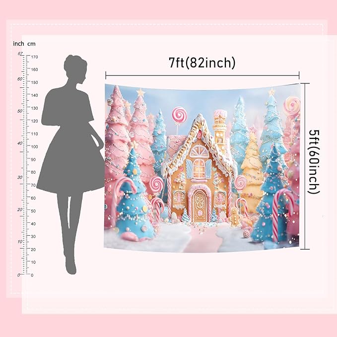 Mocsicka Christmas Candy House Backdrop Pink Candy Gingerbread Background for Photography Xmas Sweet Baby Shower Birthday Candyland Merry Christams Party Supplies (Pink, 10x8ft(120"x96"))