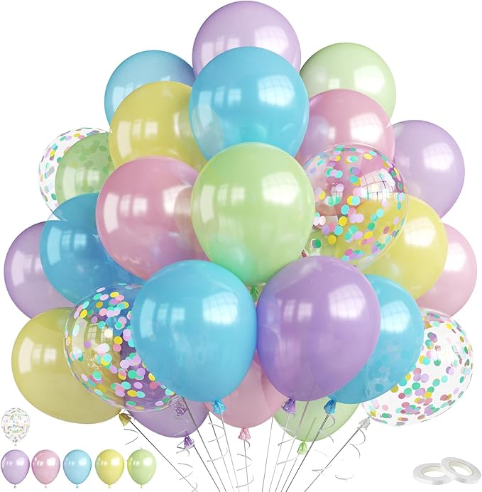 Pastel Balloons, 60Pcs Colorful Balloon, 12 Inch Latex Pearl Yellow Purple Pink Blue Green Multicolor Confetti Balloons Helium for Kids Baby Shower Birthday Wedding Easter Pastel Party Decorations