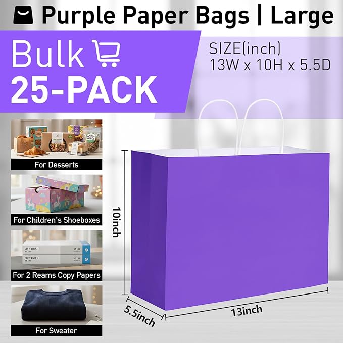 SUNCOLOR Purple Gift Bags with Handles, 13x10x5.5 Inch, Large Reusable Party Favor Bags, 25 Pack, for Birthday, Wedding, Retail, Shopping