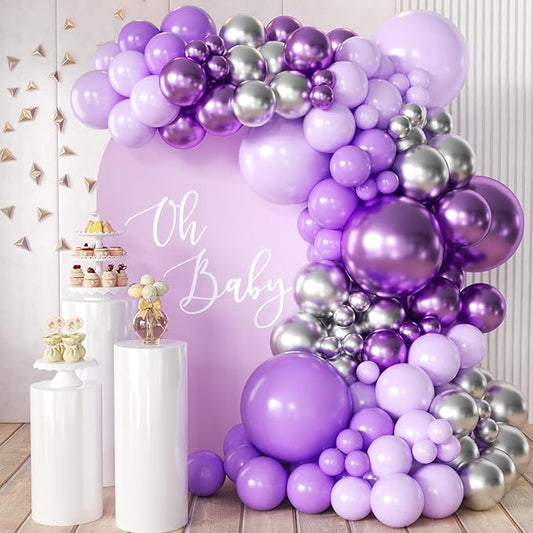 MEBAY Purple and Silver Balloon Garland Arch Kit, 166Pcs Purple Metallic Pastel Lavender Maca Lilac Violet Gold Chrome Balloons for Birthday Wedding Baby Shower Party Decoration
