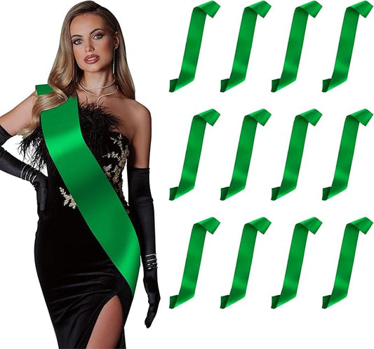 12pcs Green Girl Scout Sash With Badges - Blank Sashes for Pageants, Graduation, Bride, Birthday, Prom Queen, Homecoming Court - Make Your Own