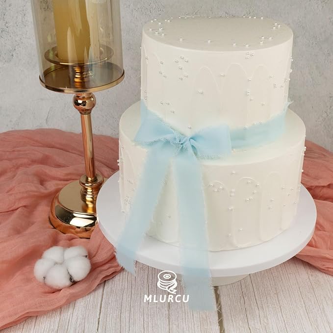 Handmade Fringe Chiffon Silk Ribbon - 1 Inch x 3Yd, Baby Blue & French Blue, Wedding Invitation & Gift Wrapping