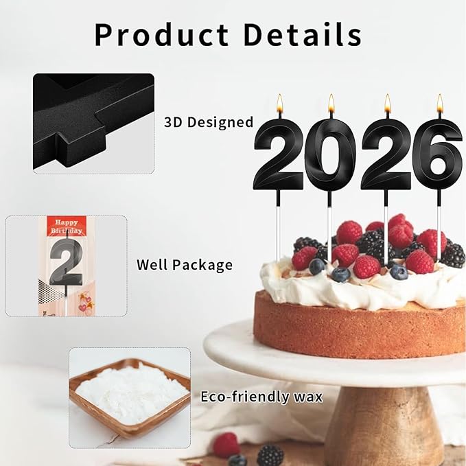 Graduation Candle 2026, 4 Pcs 3D Visual 2026 Black Number Candles for Graduation Cake Decorations, Class of 2026 Cake Topper, 20, 22, 26, 60, 62 Birthday Candles Happy Birthday Cake Toppers