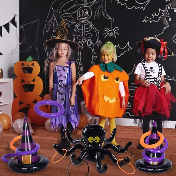 Max Fun Halloween Ring Toss Games Inflatable Spiders Ring Toss Witch’s Hat Toss Game for Kids Halloween Party Favors Supplies Indoors Outdoors Party Games
