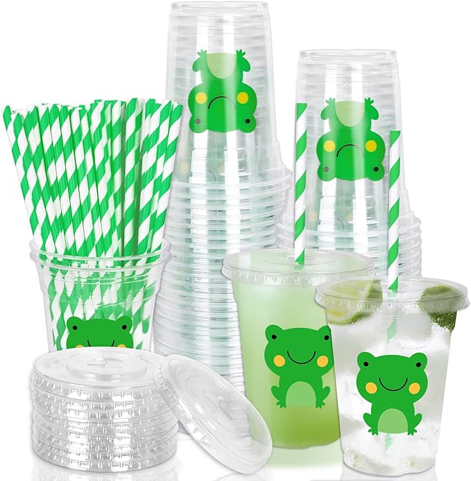 Whaline 50 Pcs Frog Disposable Plastic Cups with Lids and Straws Cute Green Frog Party Cups Cold Beverage Drinking Cups for Baby Shower Birthday Party Supplies