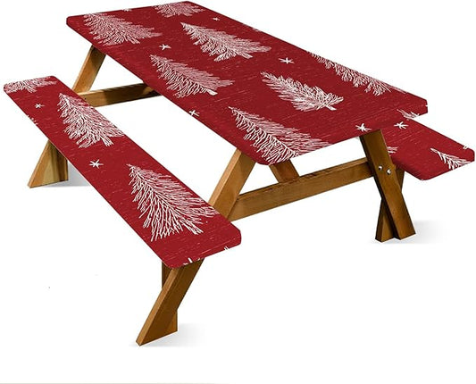 ANNA QUEEN 6FT Red Christmas Tree Picnic Table Cover Set 3PCS 72"x30", Waterproof Outdoor Bench and Tablecloth Furniture Protection for Camping Beach BBQ Patio Backyard