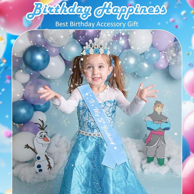 CUBACO 5th Birthday Crown Headband and Sash, 5 Year Old Girl Birthday Gift Ideas for Blue Princess Crown, Frozen Party Decorations Favors for Girls Outfit