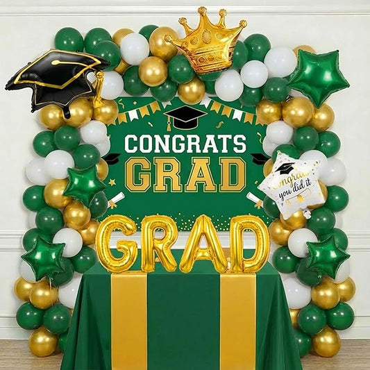 Green White Gold Balloon Garland Arch Kit with backdrop Stars Graduation Cap crown GRAD Letters Mylar Balloons for 2026 graduate Prom Decorations