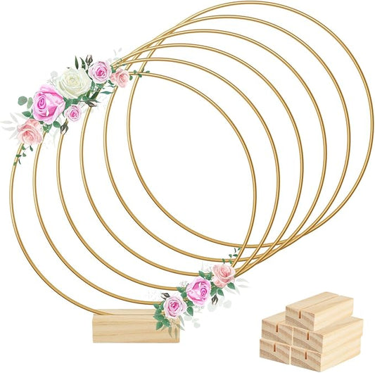 BOUBONI 6 Pcs 8 Inch Metal Floral Hoop Centerpiece with 6 Pcs Wooden Stand for Table Metal Wreath Ring Stand for Centerpiece Table Decorations Wedding Decor Wall Hanging Crafts