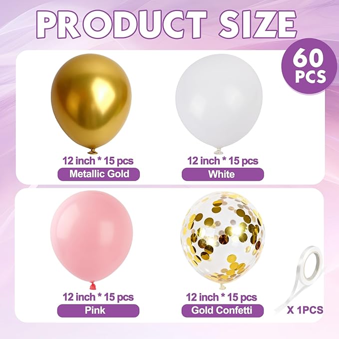 Pink and Gold Balloons White Metallic Gold Balloon, 60 Pcs 12 Inch Latex Confetti Metallic Balloons with 1 Ribbon, for Birthday Wedding Bridal Shower Party Decorations