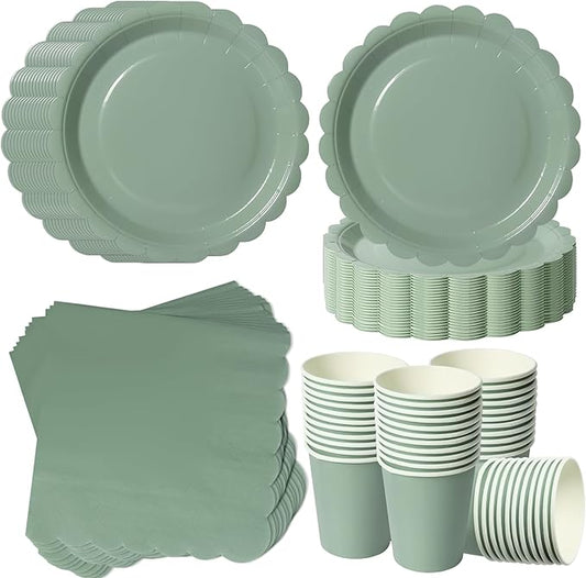 Sage Green Scalloped Party Plates Set, 120-Piece Disposable Dinnerware for 40 Guests, 7-inch Decorative Edge Plates, Cups & Napkins for Boho Wedding, Garden Party, Eco Event