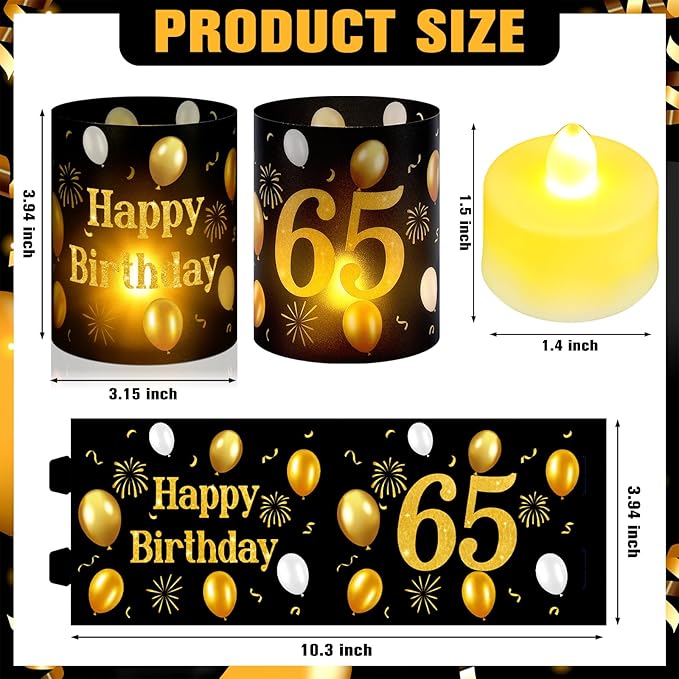 10 Sets 65th Happy Birthday Centerpieces for Table Black and Gold Birthday Decorations Lantern Boxes with Tea Lights Candles Centerpieces for Men Women 65th Party Supplies