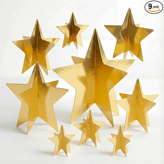 AmazingSpark 9 Pcs Large Star Centerpieces Gold 3D Star Table Decorations in 3 Sizes 10" 8" 6" for Birthday Party Baby Shower Gathering Carnival Ceremony Graduation Movie Night Supplies (Gold)