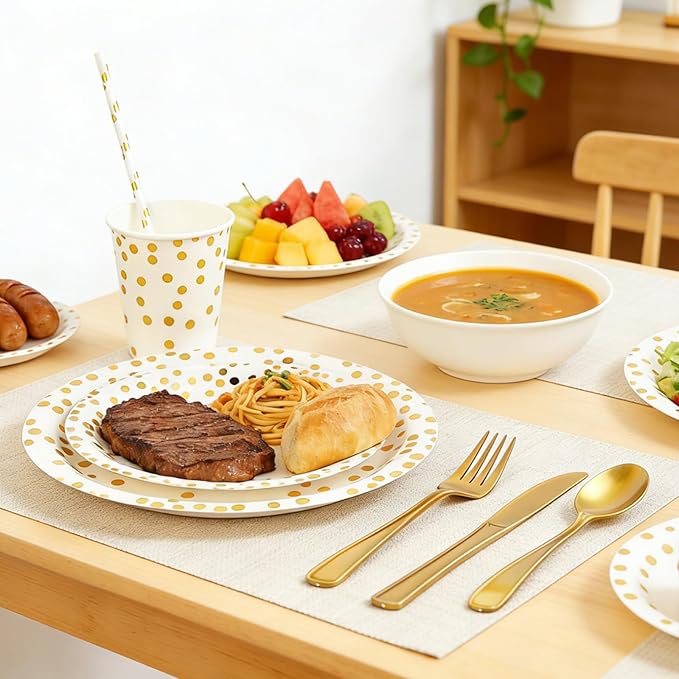 Party Supplies 402pcs White & Gold Plates and Napkins Sets - Disposable Dinnerware Sets for 50 Guests with Paper Plates Cups Straws Plastic Cutlery 2 Tablecloths - Bridal Shower Birthday Wedding