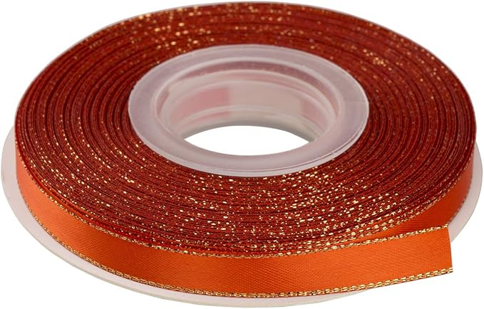 3/8" Double Face Satin Ribbon with Gold Edge 25 Yards (761-Autumn Orange), Set for Gift Wrapping, Party Decor, Wedding and Craft