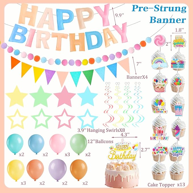 43PCS Pre-Strung 3D Felt Happy Birthday Banner, Macaron Color Happy Birthday Fabric Banner Felt Pom Garland Triangle Fabric Happy Birthday Banner for Handmade Felt Reusable Birthday Banner Supplies