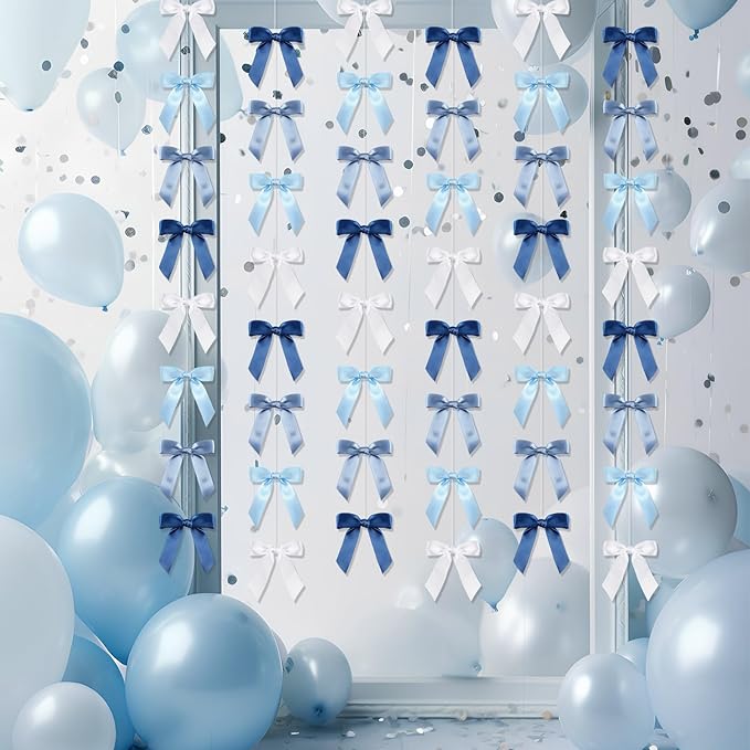 Taobary 8 Pcs 6.6 ft Bow Garland, Satin Ribbon Bow Banner Coquette Hanging Ornament for Photo Backdrop Birthday Party Wedding Bridal Baby Shower Wall Decorations(Blue,1 Inch)