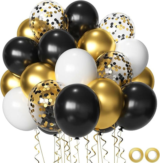 Black White Gold Party Balloons,Black and Gold Balloon 50 Pcs 12 inch Black Gold Latex Balloons For New Year Graduation Wedding Retirement Anniversary Party Decorations