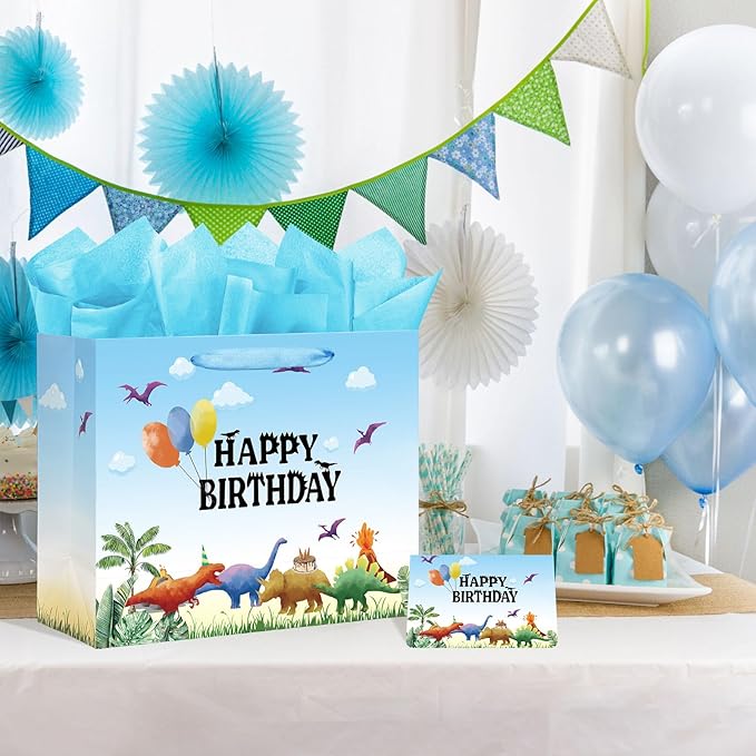 16.5" Extra Large Watercolor Dinosaur Birthday Gift Bag for Boy Kids with Card and Tissue Papers