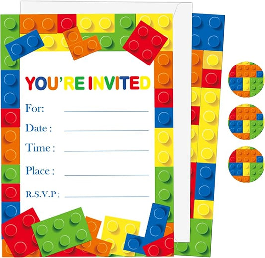 Wiooffen Children Boys Birthday Party Invitations Building Blocks Party Supplies, Stacking Block Bricks Invitation Cards Set with Sticker Labels Envelopes Birthday Decorations for 24 Guests