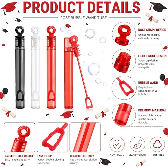 Lunmon 120 Pcs Graduation Mini Bubble Wands Bulk Grad Party Favors Class of 2026 Red Black White Bubble Toys Gifts for Kids Preschool Kindergarten Grad Birthday Party Supplies for High School Students
