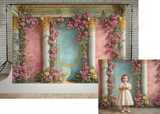 Vintage Rose Arch Photo Backdrop 7x5ft Romantic Floral Column Photography Background Baroque Style Pink Green Flower Wall for Wedding Bridal Shower Baby Shower Portrait Studio Props