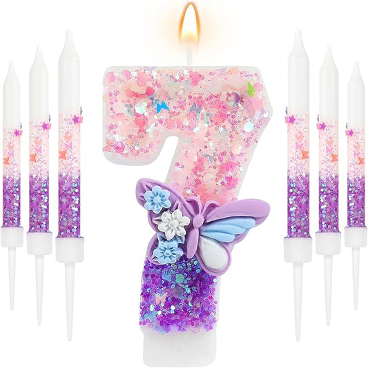 AKURIEEY Butterfly 7th Birthday Candle Purple Number 7 Candle with 6 Pcs Long Candles for Girls Cake Topper Cupcake Decor Party Decoration Anniversary Celebrations Supplies