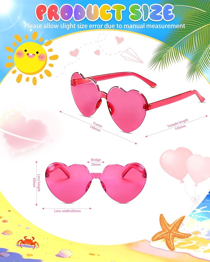 12 Pairs Heart Shaped Sunglasses Candy Color Rimless Fun Heart Glasses for Women Party Favors