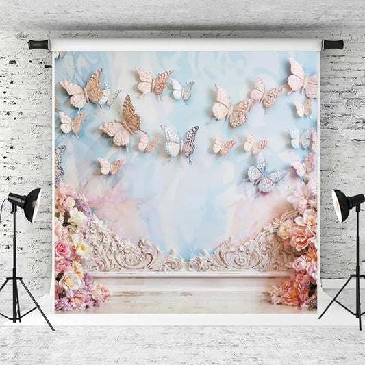 Kate Butterfly Wall Backdrop for Photography Pink Flowers Dreamworld Girls Birthday Party Background for Baby Shower (8x8ft)