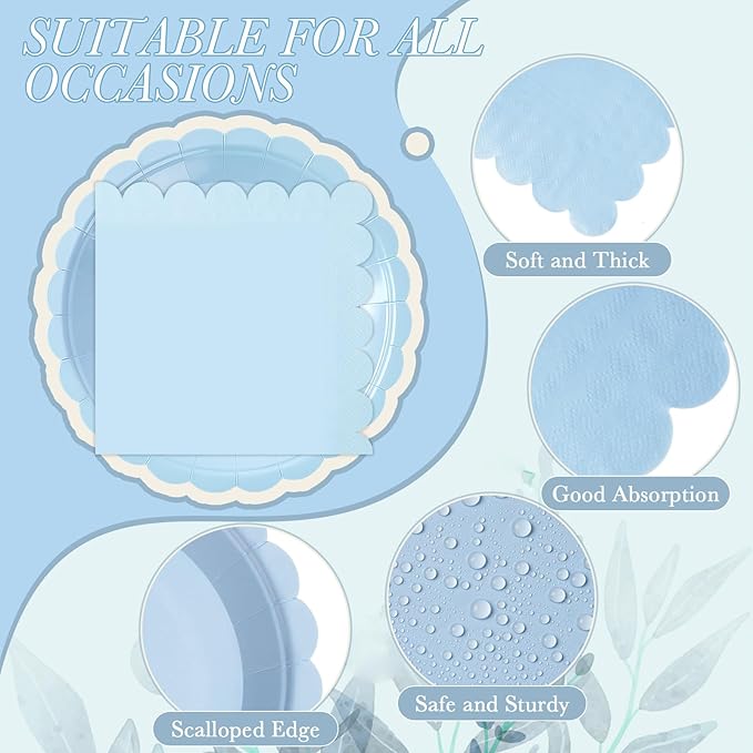120 Pcs Light Blue Paper Plates and Napkins Party Supplies Bulk Disposable 7 Inch Scalloped Plates Cocktail Napkins for Wedding Bridal Baby Shower Birthday Decorations, Serve 60 Guests