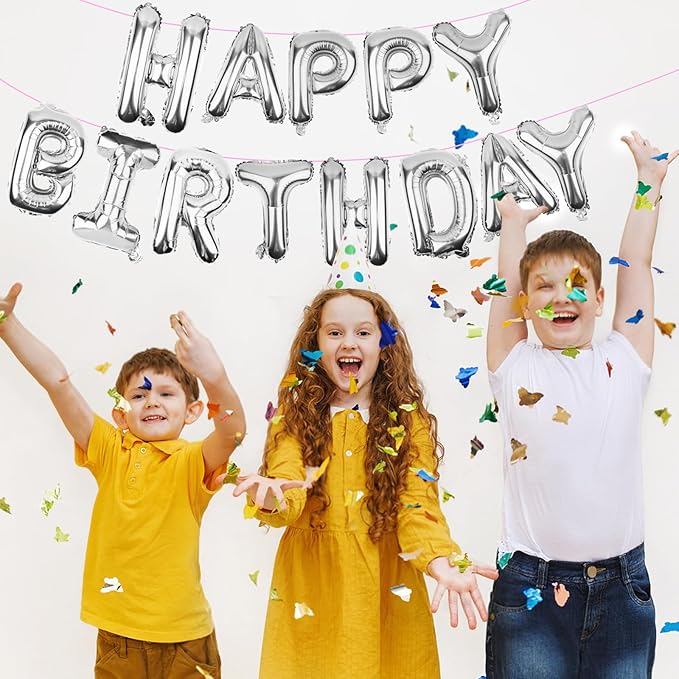 Silver Happy Birthday Balloons Banner (3D Silver Lettering) Mylar Foil Letters | Inflatable Party Decor and Event Decorations for Kids and Adults | Reusable, Ecofriendly Fun