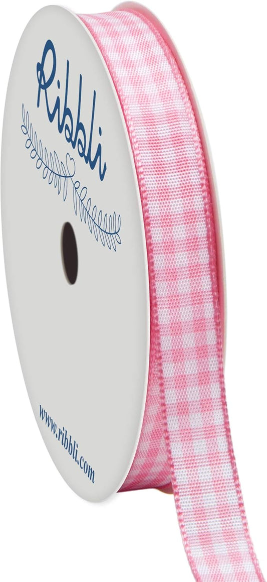 Ribbli Light Pink and White Gingham Ribbon,100% Polyester Woven Edge,3/8 Inch x 10 Yard,Plaid Ribbon Use for Baby Shower,Gift Wrapping,Party Decoration