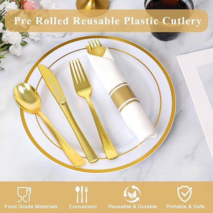 10 Pack Pre Rolled Gold Plastic Silverware Set,Wrapped Plastic Cutlery Set with Napkin Include 10 Forks,10 Spoons,10 Knives and 10 White Napkins for Party,Wedding,Birthday