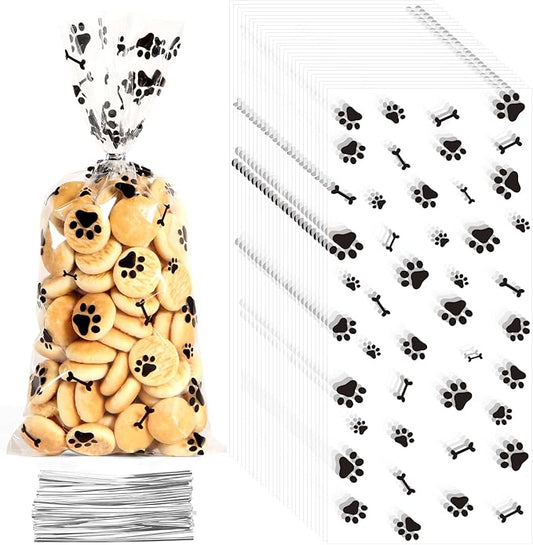 120 PCS Plastic Dog Paw Cellophane Treat bags with Ties Goodie Candy Cookie Goody Gift Bags Pouches Clear Baby Shower Pet Puppy Birthday Party Decorations Favors Supplies Wrapping Stuffers(5x11)