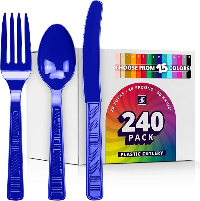 DecorRack Plastic Cutlery Set, Royal Blue Colored Plastic Silverware Sets for Parties, 240 Piece Bulk Heavy Duty Utensils (Royal Blue, 240 Pieces)