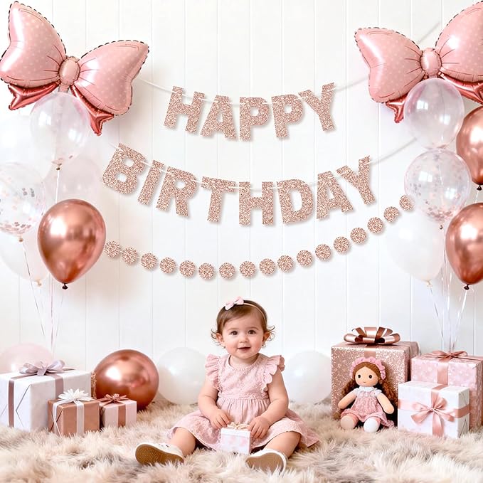GCQQ Rose Gold Happy Birthday Banner - Glitter Pre-Strung 3M Pre-Strung Letter Garland + 2.5M Rose Gold Dot Garlands Woman Girls Birthday Party Banners Backdrop Decoration Supplies, No DIY