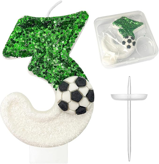 Birthday Candles，Soccer Birthday Decorations，Soccer Cake Topper,for Girl and boy Cake Toppers, Wedding Cakes, Anniversaries, Party Celebrations, Birthday Decorations (Green White, Number 3)