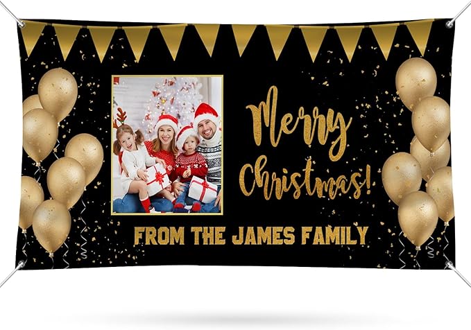 Personalized Merry Christmas Banners and Signs Customize with Family Name Photo Custom Xmas Holiday Decor for Indoor Outdoor 4'x2'
