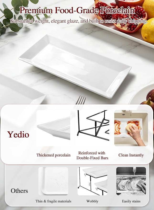 3 Tier Serving Trays for Party, Porcelain Serving Platters and Trays, 12 Inch Tiered Tray Stand, Fruit Tray, Trays for Serving Food, White Dessert Stand with Collapsible Sturdier Metal Rack
