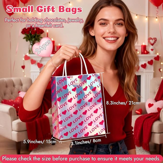 Shintop 24Pcs Iridescent Gift Bags with Handles, Small Holographic Mothers Day Goodie Bags Reusable Paper Party Favor Pouches Bulk for Valentine & Birthday Parties (8.3 x 5.9 x 3.1 in)