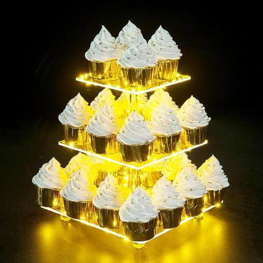 Cupcake Stand, 3-Tier Cupcake Holder with LED light String, Acrylic Cupcake Tower Display-Dessert Tower-Pastry Stand-Cupcake Tier Stand for Wedding, Birthday party ( Yellow Light)