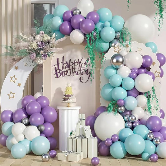 Teal Blue Purple and White Balloon Arch Kit, 127pcs Purple White Teal Blue Balloons Different Sizes for Ocean Mermaid Princess Birthday Party Decorations Winter Wonderland Girl Baby Shower Decorations