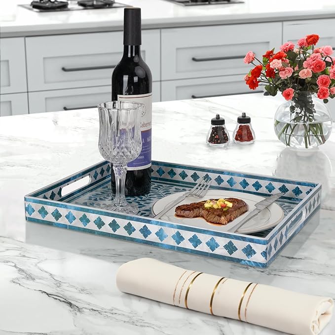 MAONAME Rectangular Decorative Tray, Plastic Serving Tray with Handles, Modern Blue Trays for Ottoman, Coffee Table Trays for Living Room, Home Decor, 15.7" x 11.8" x 1.6"
